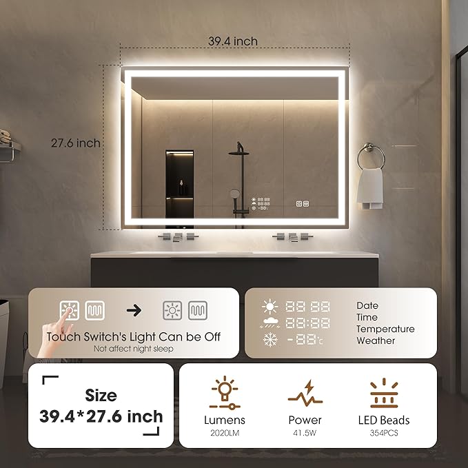 STARLEAD 40"x28" LED-Bathroom-Mirror-with-Lights, Wall-Mounted with Clock, Anti-Fog, 3 Color Temperature, Dimmable Brightness, Waterproof, Tempered Glass, Frontlit & Backlit