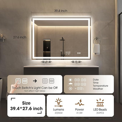 STARLEAD 40"x28" LED-Bathroom-Mirror-with-Lights, Wall-Mounted with Clock, Anti-Fog, 3 Color Temperature, Dimmable Brightness, Waterproof, Tempered Glass, Frontlit & Backlit