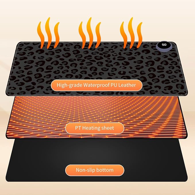 Small Heated Desk Pad 23.6" x 14.2" – Compact Electric Mouse Pad with 3 Heating Levels, Auto Shut-Off, Waterproof PU Surface, Plug-in Warmer for Office or Home Use, Dark Leopard Print