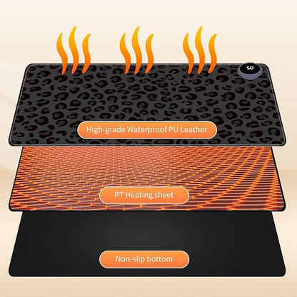Small Heated Desk Pad 23.6" x 14.2" – Compact Electric Mouse Pad with 3 Heating Levels, Auto Shut-Off, Waterproof PU Surface, Plug-in Warmer for Office or Home Use, Dark Leopard Print