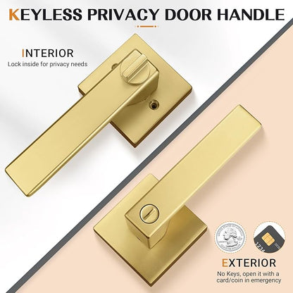 Probrico Heavy Duty Flat Gold Door Handles Square Privacy Interior Door Levers Bedroom and Bathroom Door Handles Keyless Bed/Bath Lockset (2 Pack)