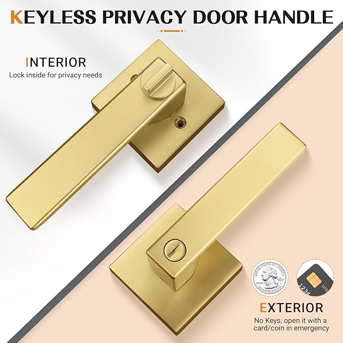 Probrico Heavy Duty Flat Gold Door Handles Square Privacy Interior Door Levers Bedroom and Bathroom Door Handles Keyless Bed/Bath Lockset (8 Pack)