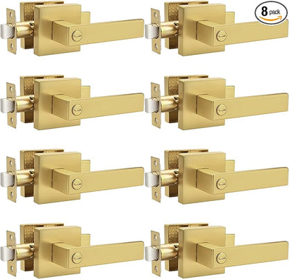 Probrico Heavy Duty Flat Gold Door Handles Square Privacy Interior Door Levers Bedroom and Bathroom Door Handles Keyless Bed/Bath Lockset (8 Pack)