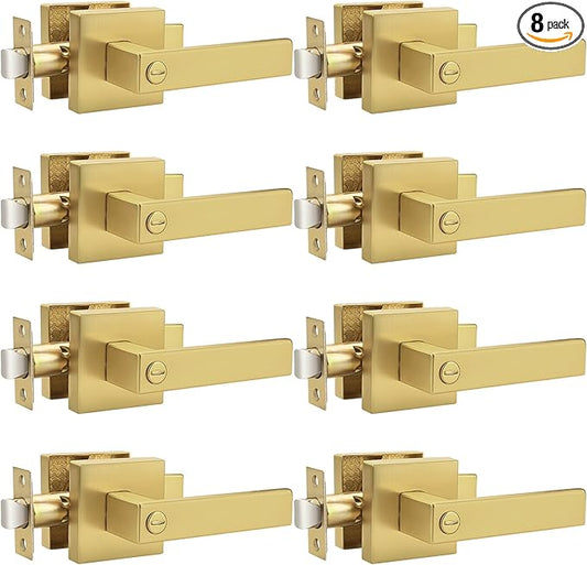 Probrico Heavy Duty Flat Gold Door Handles Square Privacy Interior Door Levers Bedroom and Bathroom Door Handles Keyless Bed/Bath Lockset (8 Pack)