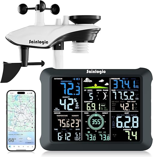 Sainlogic WiFi Smart Weather Station SA9 with 24H/ 7Days Accurate Weather Forecast by Weatherseed® AI, 8.5" Large Display,UV,Sun Light,Rain Gauge,Wind Gauge,2-Year Data Storage & Export(Only 2.4G)
