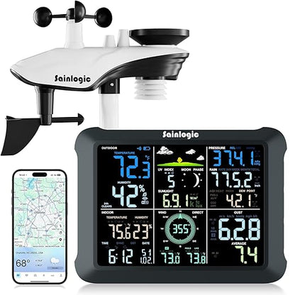 Sainlogic WiFi Smart Weather Station SA9 with 24H/ 7Days Accurate Weather Forecast by Weatherseed® AI, 8.5" Large Display,UV,Sun Light,Rain Gauge,Wind Gauge,2-Year Data Storage & Export(Only 2.4G)