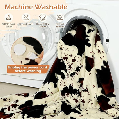 Cow Print Heated Blanket, 90"x90" Queen Size Electric Blanket Dual Control, Cozy Soft Flannel Sherpa Heating Blankets with 9 Heat Levels & 2/4/8/12H Auto-Off