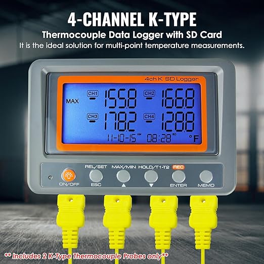 Digital 4 Channel K Type Thermocouple Thermometer Recorder with 8G SD Card Programmable Temperature Data Logger with Alarm Function Thermocouple Reader K Type Thermometer with 2 Thermocouples Probe