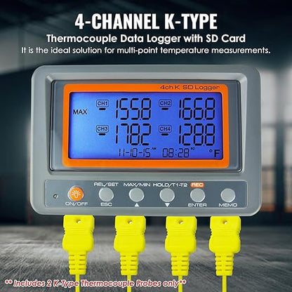 Digital 4 Channel K Type Thermocouple Thermometer Recorder with 8G SD Card Programmable Temperature Data Logger with Alarm Function Thermocouple Reader K Type Thermometer with 2 Thermocouples Probe