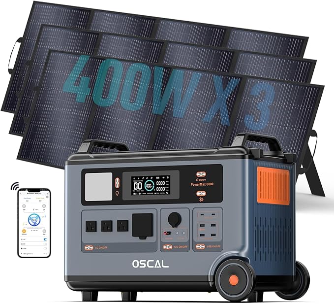 OSCAL 6000W 3.6kWh Solar Generator with 3x400W Solar Panel,Power Station 120V/240V Dual Voltage Lifepo4 Battery Generator with 14 Outlets,2200W 1.96H Fast Charge,Promax6000 for Home Backup.