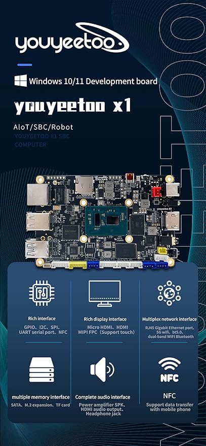 WayPonDEV youyeetoo X1 X86 Single Board Computer - A 64bit Windows 10/11/Linux Mini PC with Celeron N5105 CPU, Support Optional WiFi&BT NFC, PCIE 3.0 M.2 2280 NVMe or SATA SSD (16GB RAM+0GB Storage)