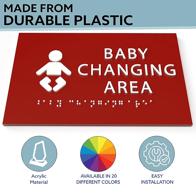 6" X4" Baby Changing Area Sign | Tactile Graphics Grade 2 Braille Text Baby Care Sign| ADA Compliant Wall Mount Plastic Restroom Sign for Hospital, Offices, Clinics and Apartments