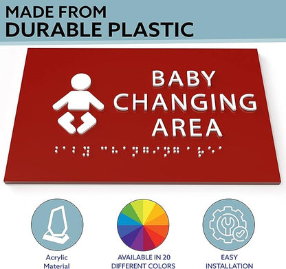 6" X4" Baby Changing Area Sign | Tactile Graphics Grade 2 Braille Text Baby Care Sign| ADA Compliant Wall Mount Plastic Restroom Sign for Hospital, Offices, Clinics and Apartments