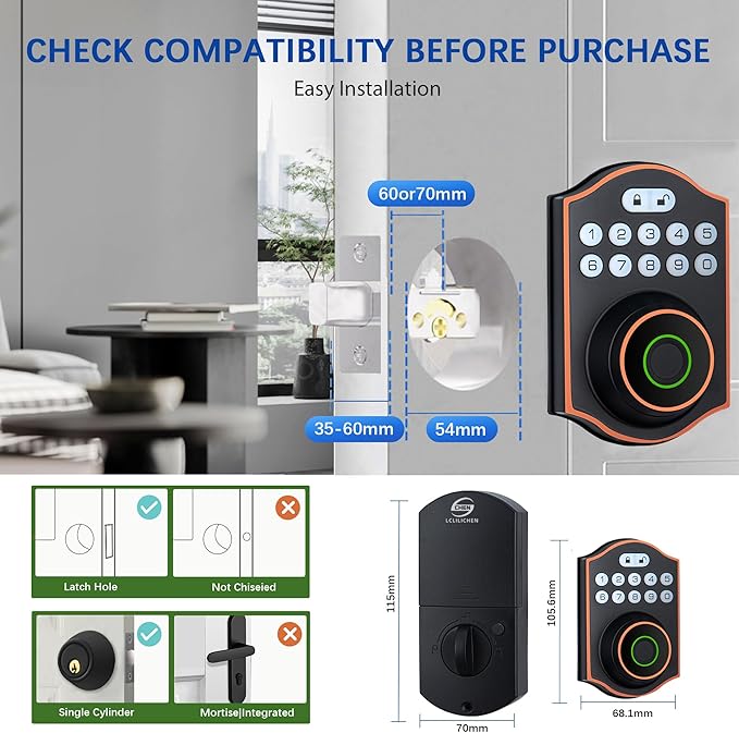 Smart Fingerprint Door Lock, Keyless Entry Deadbolt with Electronic Keypad, Bluetooth App Control, One Time Code, IP65 Weatherproof, for Front Door/Home/Office (Oil Rubbed Bronze)