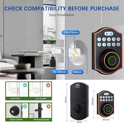 Smart Fingerprint Door Lock, Keyless Entry Deadbolt with Electronic Keypad, Bluetooth App Control, One Time Code, IP65 Weatherproof, for Front Door/Home/Office (Oil Rubbed Bronze)