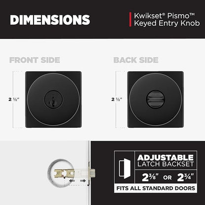 Kwikset Pismo Entry Door Knob with Lock and Key, Secure Keyed Handle Exterior, Front Entrance and Bedroom, Matte Black, Pick Resistant SmartKey Rekey Security and Microban