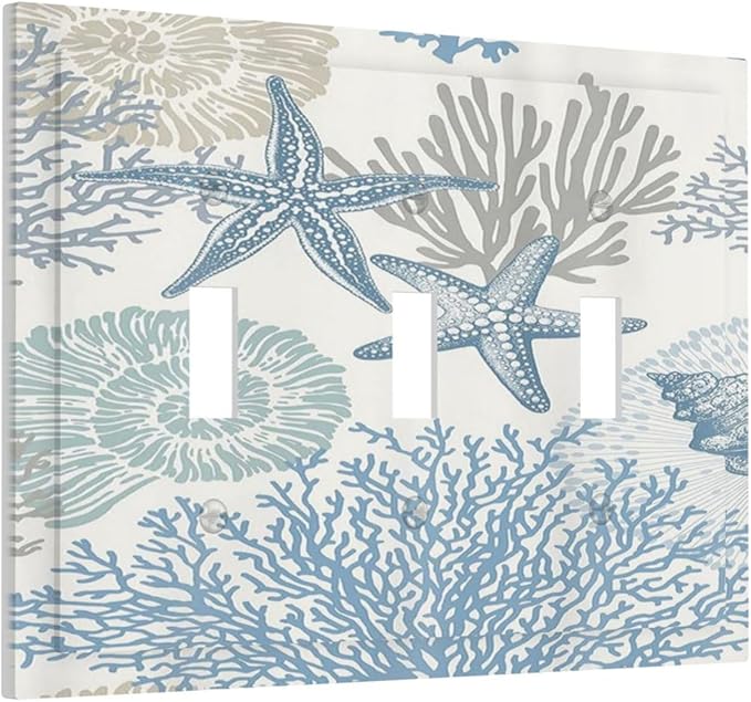 Decorative Light Switch Plate Covers Blue Starfish Coral Seaweed 3 Gang Light Switch Cover Plate Triple Toggle Wall Plate Outlet Covers for Bathroom Bedroom Decor