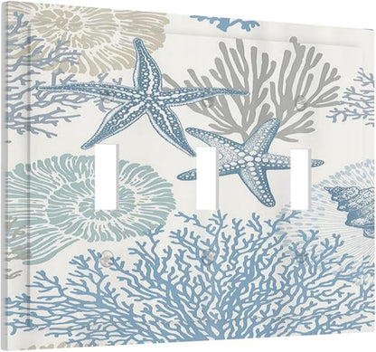 Decorative Light Switch Plate Covers Blue Starfish Coral Seaweed 3 Gang Light Switch Cover Plate Triple Toggle Wall Plate Outlet Covers for Bathroom Bedroom Decor