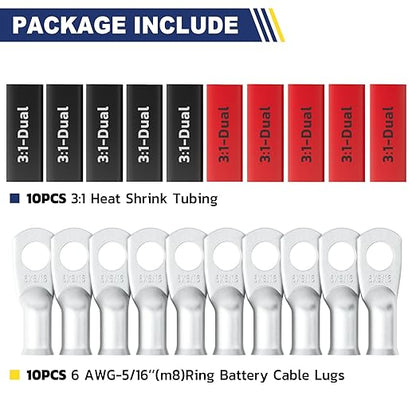 haisstronica 10pcs 6 AWG - 5/16" (M8) Tinned Copper Battery Lugs, Heavy Duty Copper Wire Lugs with 10pcs 3:1 Adhesive Heat Shrink Tubing, 6 Gauge Wire Lugs, Tinned Copper Battery Cable Ends