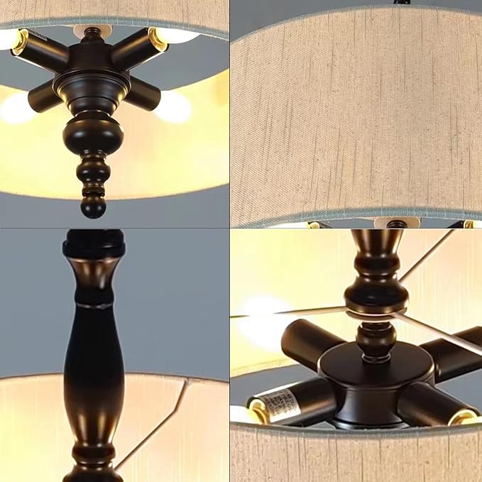 4 Light Drum Chandeliers, Beige Linen Drum Pendant Lighting Fixture with Black Metal Rod Adjustable Hanging Chain Ceiling Lights for Kitchen Island Dining Table Entryway Dia 17.3inch