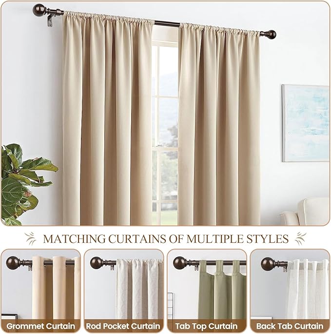 KAMANINA Curtain Rods 32 to 58 Inches (2.6-4.8ft), Antique Bronze Single Curtain Rod for Windows, 7/8 Inch Decorative Drapery Rod with Round Finials