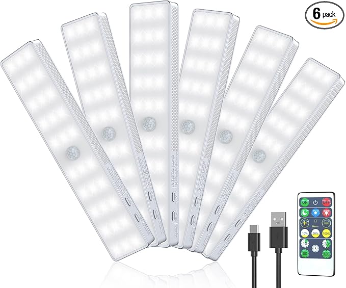 LED Closet Light, 6 Pcs 30LEDs Dimmer Rechargeable Motion Sensor Under Cabinet Lighting, Stick-Anywhere Night Safe Light Bar for Wardrobe,Kitchen