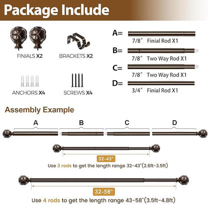 KAMANINA Single Curtain Rod 32 to 58 Inch(2.6-4.8Ft), 7/8 Inch Antique Bronze Adjustable Drapery Rod for Windows, Decorative Netted Texture End