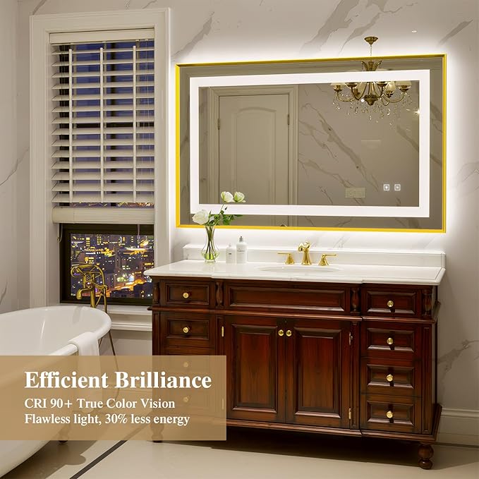 40X24 Inch LED Bathroom Mirror with Lights, Gold Frame Frontlit+ Backlit Bathroom Vanity Mirror for Wall, Ultra-Clear Tempered Glass, Shatter-Proof, Anti-Fog and Memory Function, ETL Listed