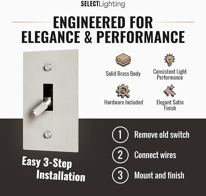 Select 15A 120V AC 1-Gang Toggle Switch, Vintage Satin Nickel Plated Single Pole 3 Way Compatible Wall Mount Toggle Switch, Included Faceplate & Switch Module, UL Listed
