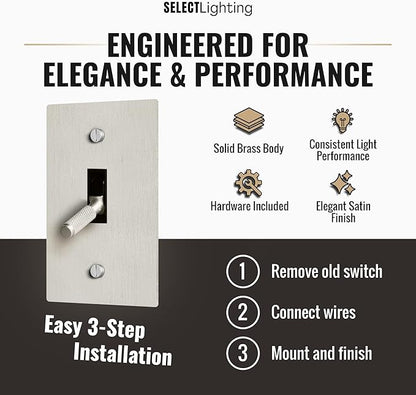 Select 15A 120V AC 1-Gang Toggle Switch, Vintage Satin Nickel Plated Single Pole 3 Way Compatible Wall Mount Toggle Switch, Included Faceplate & Switch Module, UL Listed