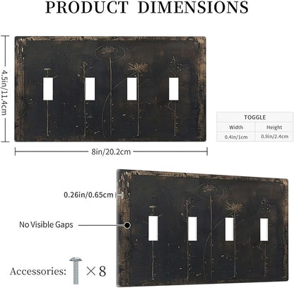 Light Switch Cover Plate Black And White Dandelion Art Vintage Wood Grain 4 Gang Quad Toggle Wall Plate Electrical Outlet Cover Decorative Switch Plate Covers for Farmhouse Cabin Decor