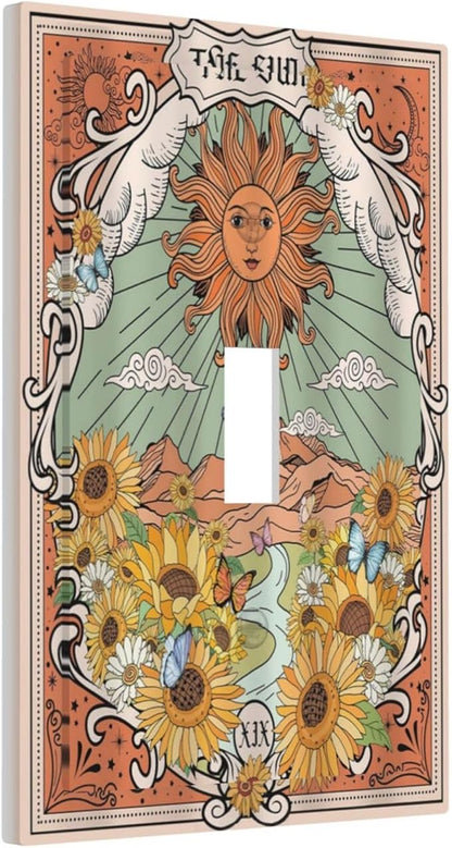Boho Retro Sun Sunflower Vintage Flower Butterfly Decorative Light Switch Cover 1 Gang Single Toggle Device Electrical Faceplate Switchplates Decorator Outlet Wall Plate for Farmhouse Home Decor