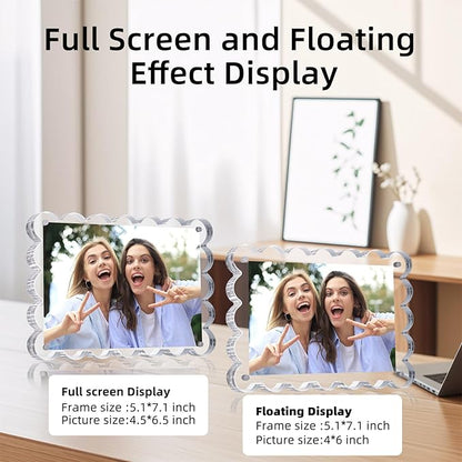 3 Pack Acrylic Picture Frame: 4x6inch Magnetic Picture Frames, Double Sided Magnet Frames,10+10mm Thick Block, Clear Photo Scalloped Frames Freestanding for Desktop Display