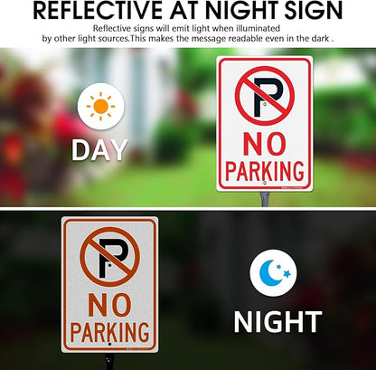 Faittoo Large No Parking Sign with 54" Metal Thick Stake, 4 Pack 14"x10" Rust Free Heavy Aluminum, Reflective, Fade Resistant, Easy to Mount, Outdoor Use