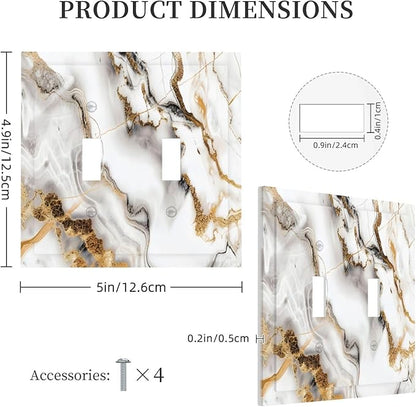 Luxurious Marble Abstract White Gold Tile Modern Simplicity Decorative Switch Plates 2 Gang Double Toggle Outlet Light Switch Cover Wall Plate Electrical Faceplate for Bathroom Kitchen Decor