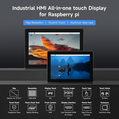 Industrial HMI All-in-one 8inch Touch Display Compatible with Raspberry Pi (Not Included), Supports Dual 4K HDMI Output, 10-Point Touch, Aluminum Alloy Case (RPI-HMI-080D-ACCE)