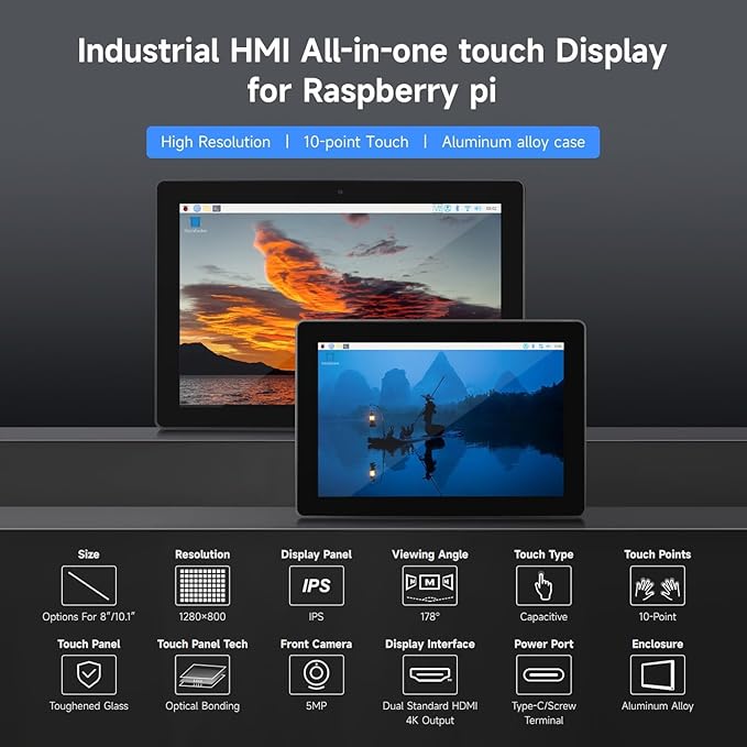 Industrial HMI All-in-one 10.1inch Touch Display Compatible with Raspberry Pi 4 (Included), Supports Dual 4K HDMI Output, 10-Point Touch, Aluminum Alloy Case @XYGStudy (PI4-HMI-101D)