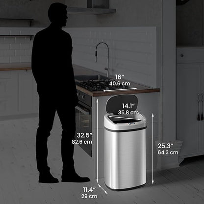 SensorCan 50 Liter / 13 Gallon Kitchen Trash Can with AC Adapter & Odor Filter Kit – Motion Sensor Stainless Steel Garbage Bin for Home, Office, Garage – Slim Oval Shape, Large Capacity Design