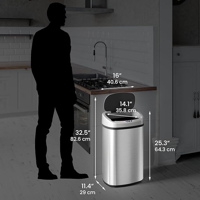 SensorCan 50 Liter / 13 Gallon Kitchen Trash Can with AC Adapter & Odor Filter – Motion Sensor Stainless Steel Garbage Bin for Home, Office, Garage – Slim Oval Shape, Large Capacity Design