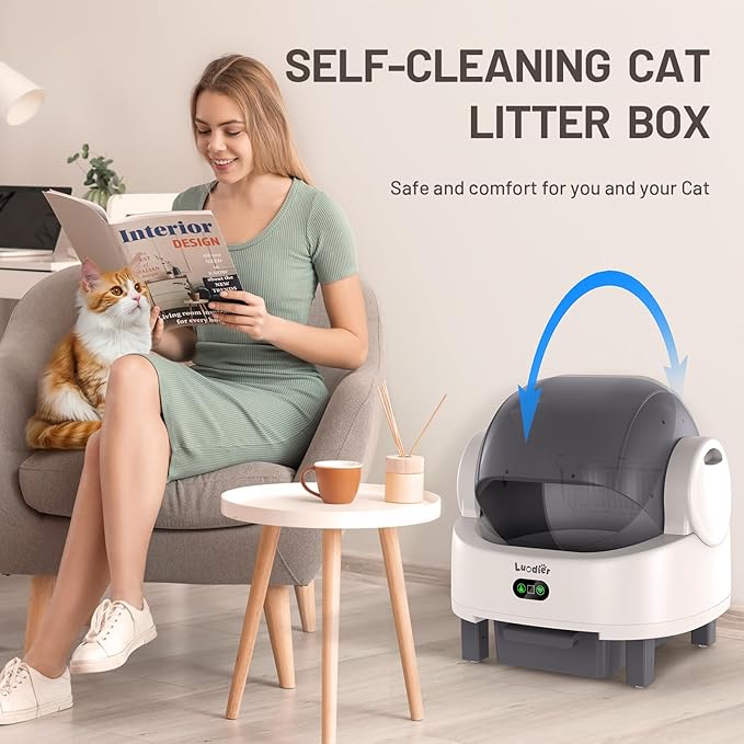 Self Cleaning Litter Box, Automatic Cat Litter Box Self Cleaning with APP Control, Odor-Free Waste Disposal Includes Trash Bags, Triple Safety Sensor, for Multiple Cats, Open-Top(White-Grey)