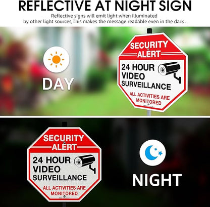 Faittoo Security Sign Video Surveillance Sign with 36" Stake for Outside, 2-Pack 12"x12" Rust Free Heavy Aluminum, Reflective, Fade Resistant, 2 pre-drilled holes, Includes Matching Screws & Wrench,