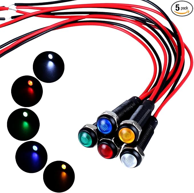 5pcs 6mm LED Indicator Light Plastic Black Signal Dot Lamp 110-220VAC 1/4" Mounting Hole Size with 15cm/5.9in. Wire (Mix:Red White Yellow Blue Green)