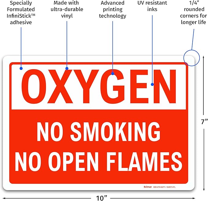 Brimar - 10 x 7" - Oxygen No Smoking No Open Flames Sign - 3.5 Mil InfiniStick™ Vinyl Label - Clear Message - Easy Installation