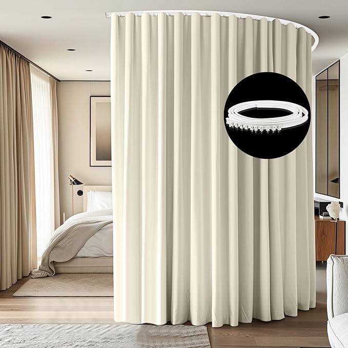 Room Divider Ceiling Mounted Curtains Track Sets Extra Wide Blackout Curtain Flexible Tracks for Bedroom Privacy Partition Separator, 1 Panel Beige Drape and White Rail, W15 x H9ft