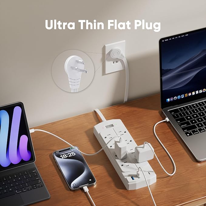 Surge Protector Power Strip, Yozisital Flat Plug Extension Cord with 8 AC Outlets & 4 USB Ports (2 USB-C), 5 FT Power Cord, 1200 Joules, Wall Mount, Desk Charging Station for Home Office, White
