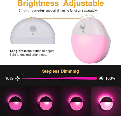 2 Pack Pink Battery Night Light, Motion Activated Night Light, 2.6" Small Sticky Lights, 3 Light Modes, Dimmable Soft Glow for Bedroom, Nursery, Baby, Kids, Sleep, Soothing Fear of The Dark
