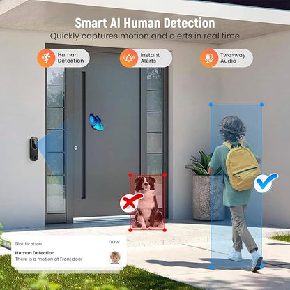 1080p Wireless Video Doorbell Camera, AI Human Detection, Live View, Night Vision, Cloud Storage, 2.4G WiFi, Battery Powered, Indoor Outdoor Surveillance (Comes with Doorbell Receiver)