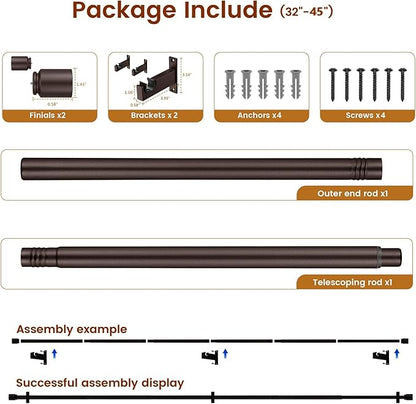 Bronze Aluminium Curtain Rods for Windows,1 Inch Adjustable Curtain Rod 32-45,Heavy Duty Drapery Rods with Thicken Bracket,Decorative Modern Single Rod with Aluminium Finials
