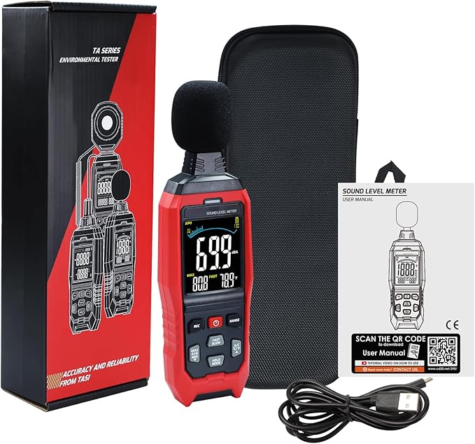 Decibel Meter with Data Logging Sound Decibel Meter Data Logger, 30~130dB Sound Level Meter with Audible Visual Alarm, Sound Meter with Export Data, PC Connection, Temperature, Analog Bar Indicator