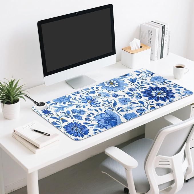 Heated Desk Pad Mouse Pad 31.5x13 Inch PU Leather Desk Mat with 3 Heat Levels Large Mouse Gaming Computer Laptop Mat Flower Blue and White Daisy Leaf